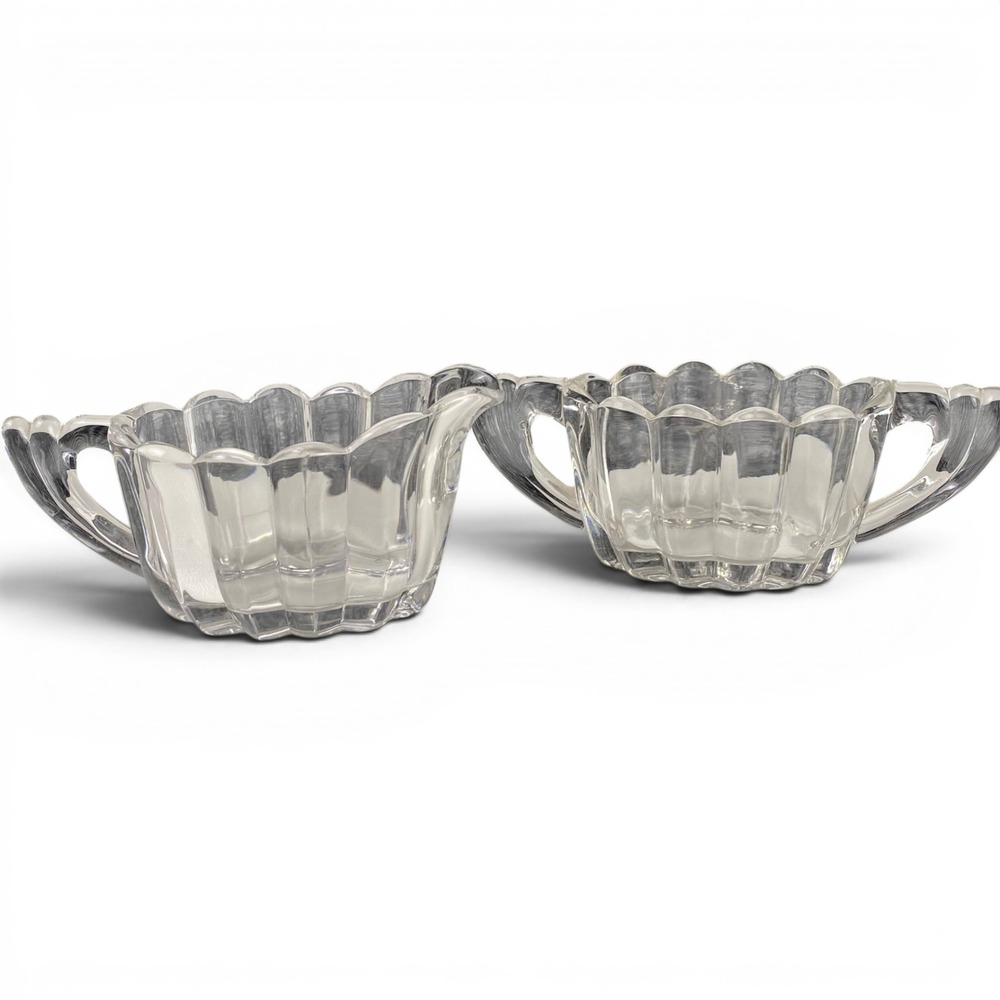 Heisey Lariat Clear Glass Creamer and Sugar Bowl Set Scalloped Diamond H Logo
